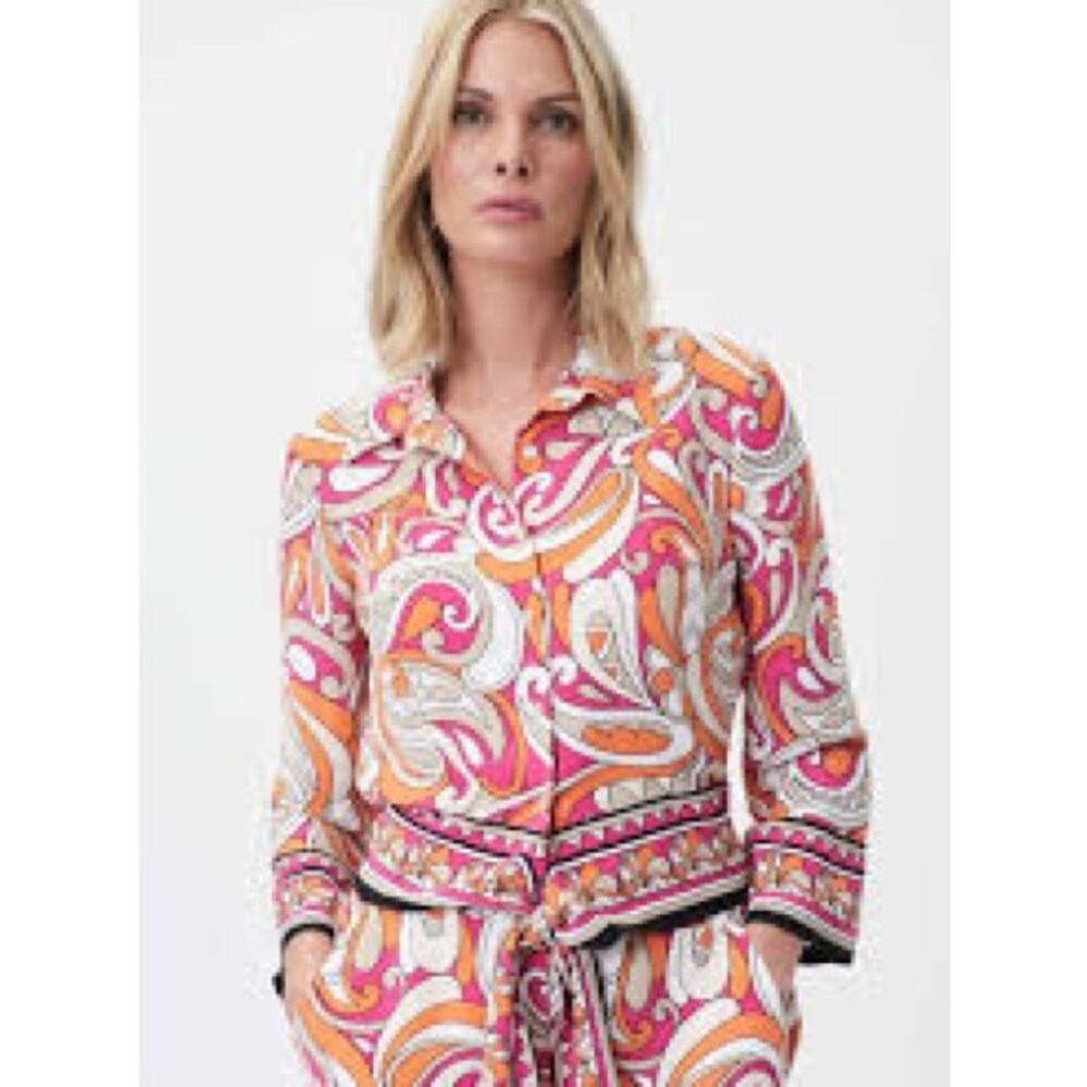 Joseph Ribkoff Pink Orange Paisley Tie Front Blouse Retro 70s Summer Girl - Picture 2 of 8